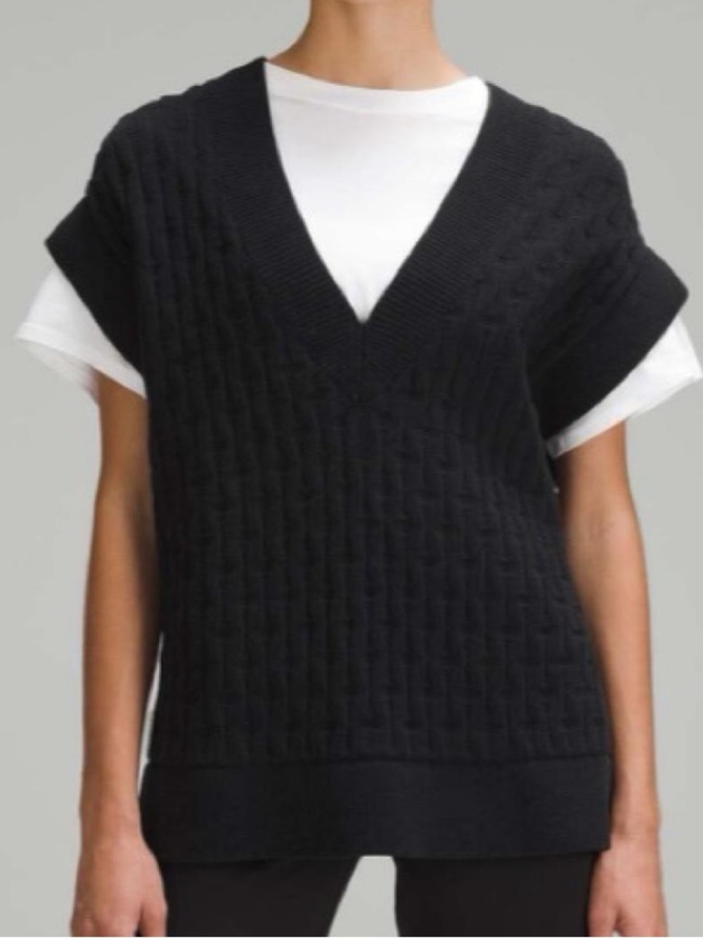 Lululemon Cable Knit Relaxed Fit Sweater Vest Black Oversized V Neck XL